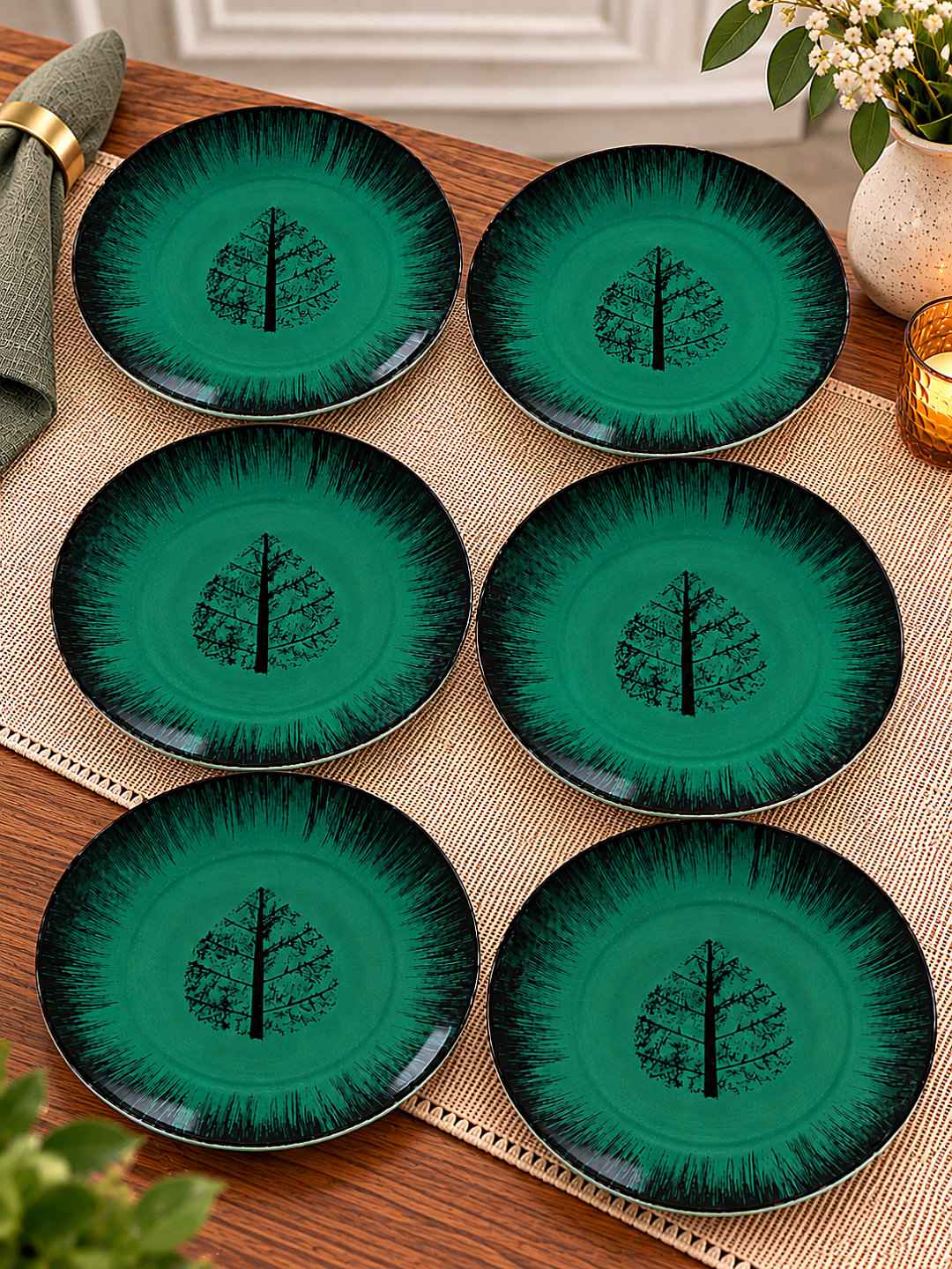 Ceramic Deep Green Tree Motif Quarter Plates – 18 cm – Green Black – Set of 6 - 400 gm each
