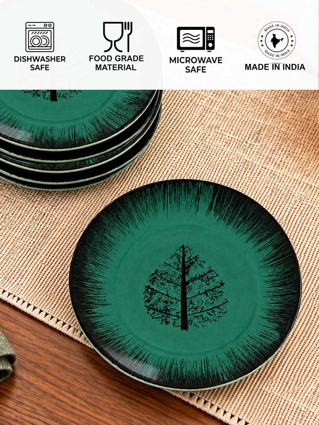 Ceramic Deep Green Tree Motif Quarter Plates – 18 cm – Green Black – Set of 6 - 400 gm each