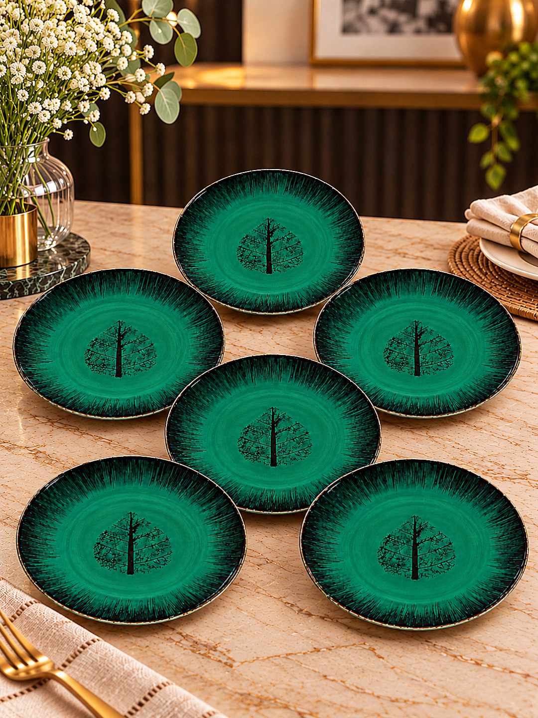 Ceramic Deep Green Tree Motif Quarter Plates – 18 cm – Green Black – Set of 6 - 400 gm each