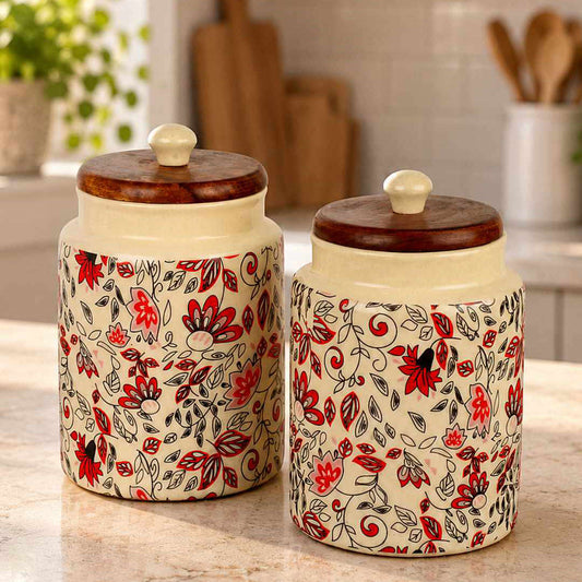 “Heritage Botanica Collection” Multi Utility Ceramic Airtight Jars with Sheesham Wooden Lid (Set of 2, 1000 ml)