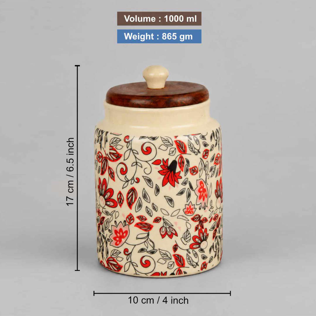“Heritage Botanica Collection” Multi Utility Ceramic Airtight Jars with Sheesham Wooden Lid (Set of 2, 1000 ml)