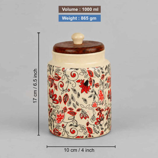 “Heritage Botanica Collection” Multi Utility Ceramic Airtight Jars with Sheesham Wooden Lid (Set of 2, 1000 ml)