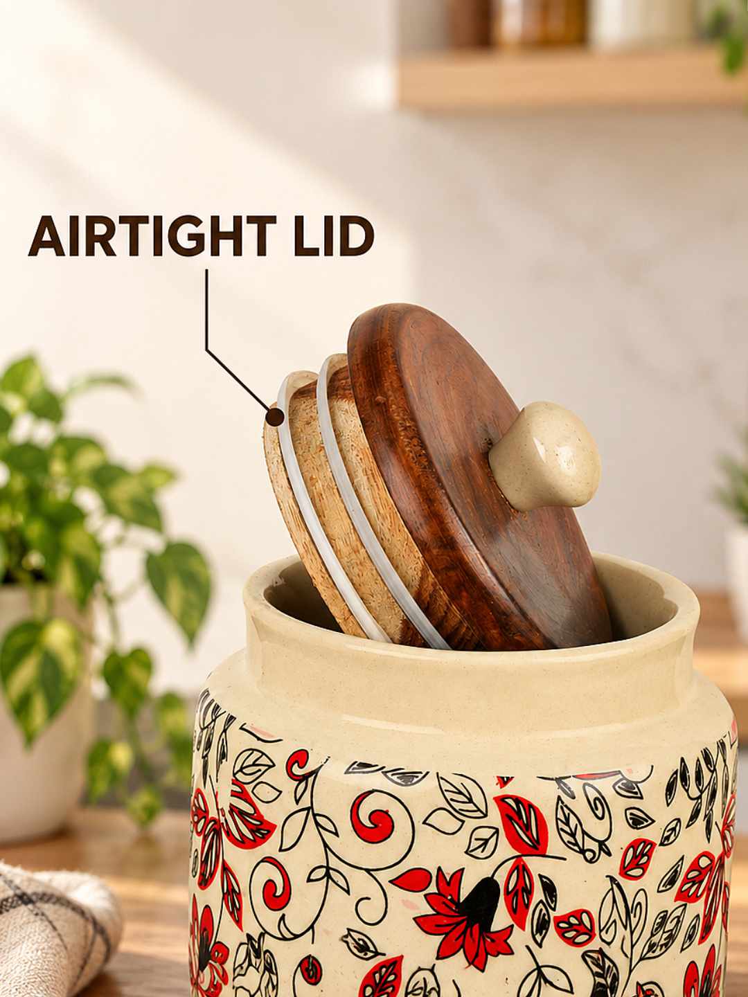 “Heritage Botanica Collection” Multi Utility Ceramic Airtight Jars with Sheesham Wooden Lid (Set of 2, 1000 ml)