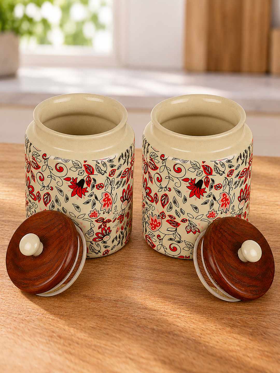 “Heritage Botanica Collection” Multi Utility Ceramic Airtight Jars with Sheesham Wooden Lid (Set of 2, 1000 ml)