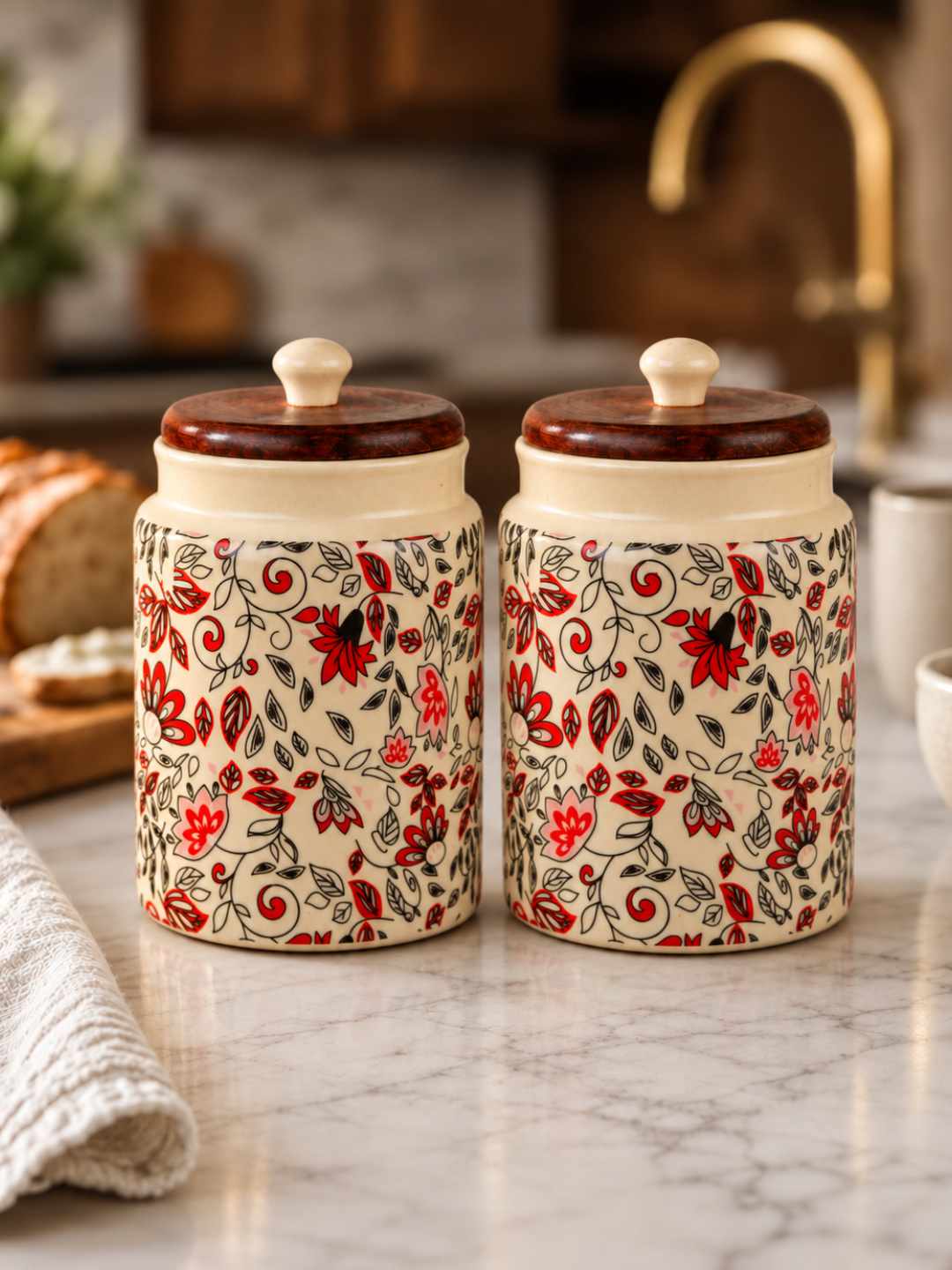 “Heritage Botanica Collection” Multi Utility Ceramic Airtight Jars with Sheesham Wooden Lid (Set of 2, 1000 ml)