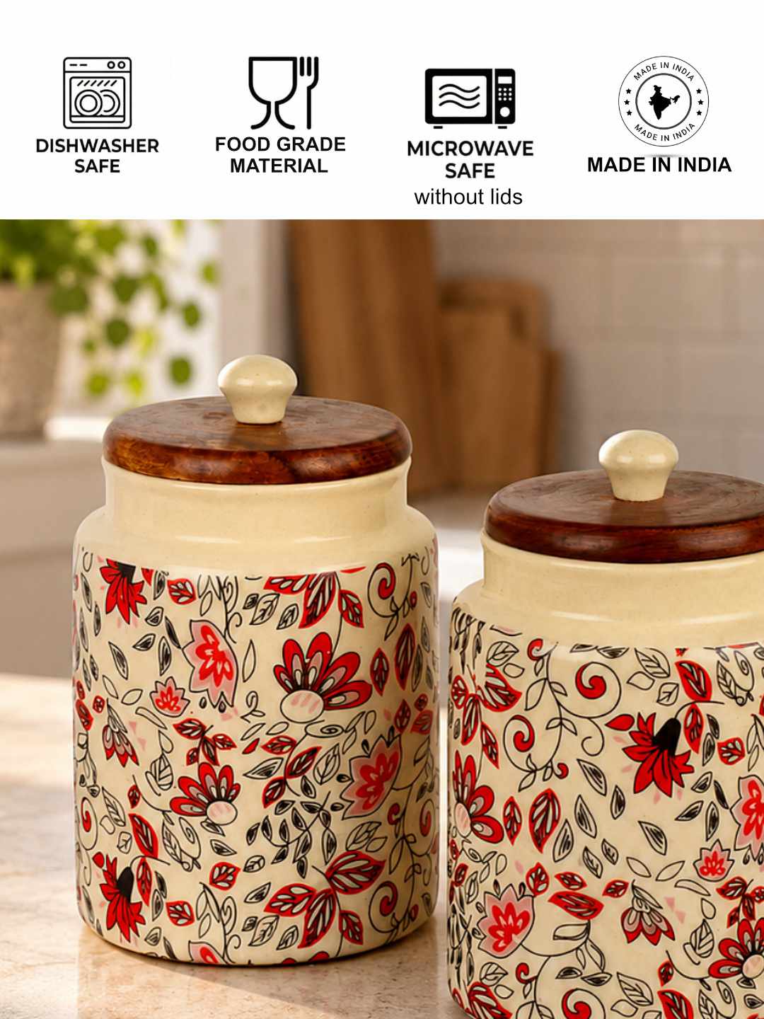 “Heritage Botanica Collection” Multi Utility Ceramic Airtight Jars with Sheesham Wooden Lid (Set of 2, 1000 ml)
