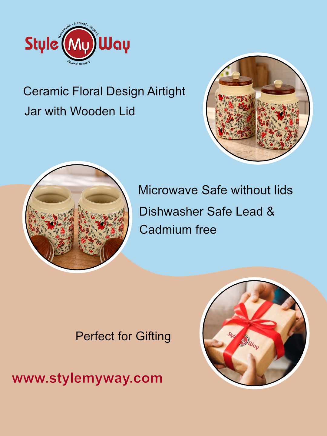 “Heritage Botanica Collection” Multi Utility Ceramic Airtight Jars with Sheesham Wooden Lid (Set of 2, 1000 ml)