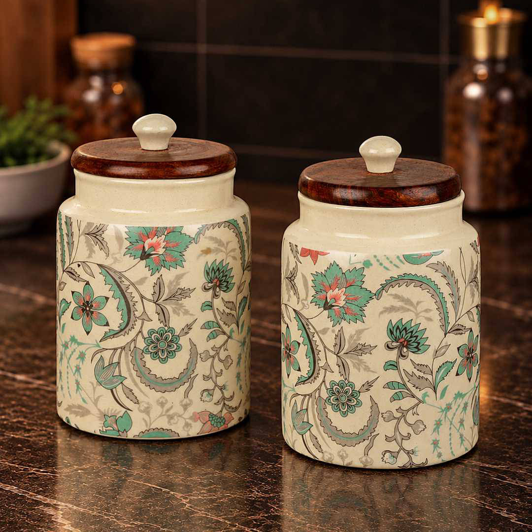 “Heritage Botanica Collection” Multi Utility Ceramic Airtight Jars with Sheesham Wooden Lid (Set of 2, 1000 ml)