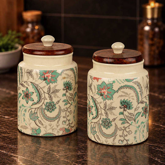 “Heritage Botanica Collection” Multi Utility Ceramic Airtight Jars with Sheesham Wooden Lid (Set of 2, 1000 ml)