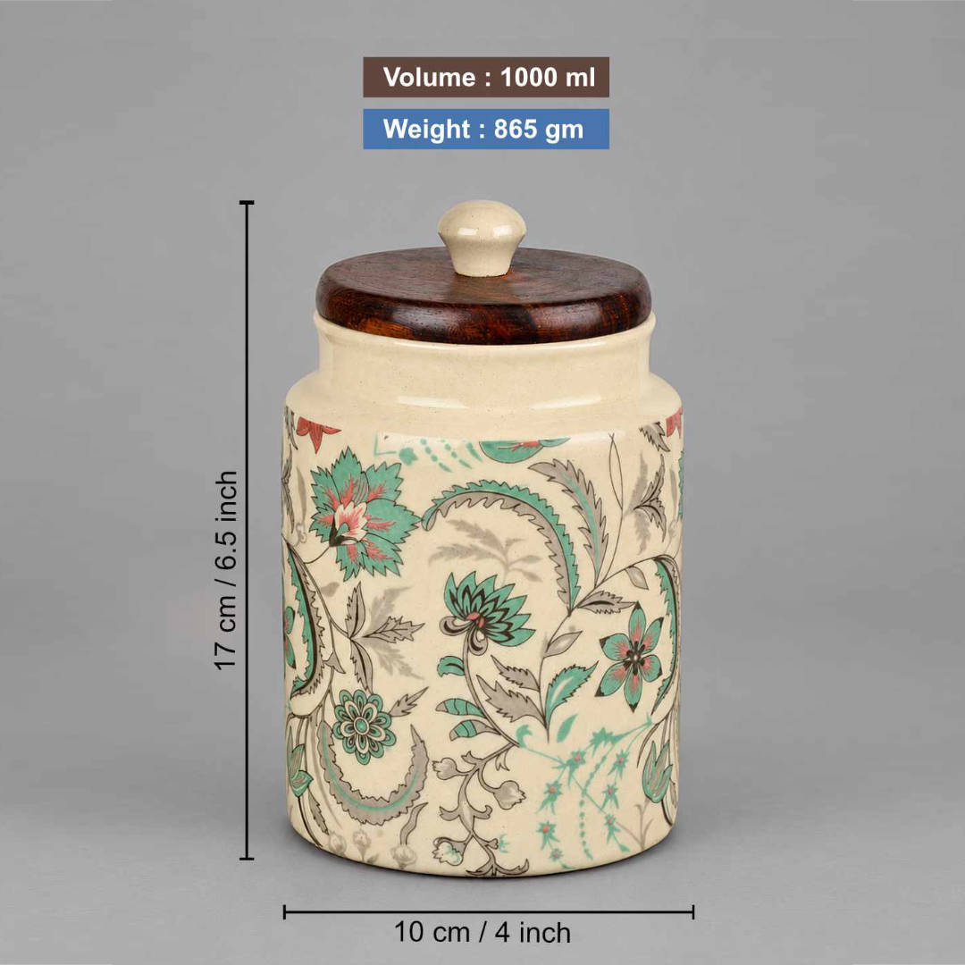 “Heritage Botanica Collection” Multi Utility Ceramic Airtight Jars with Sheesham Wooden Lid (Set of 2, 1000 ml)