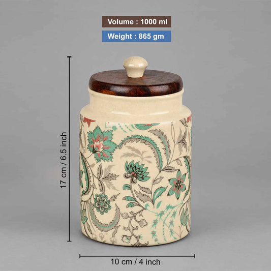 “Heritage Botanica Collection” Multi Utility Ceramic Airtight Jars with Sheesham Wooden Lid (Set of 2, 1000 ml)