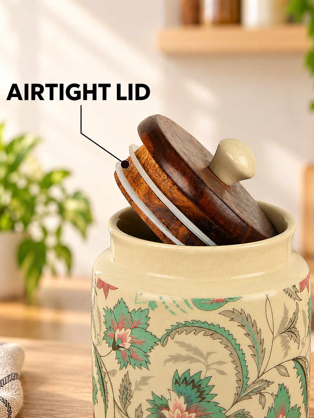 “Heritage Botanica Collection” Multi Utility Ceramic Airtight Jars with Sheesham Wooden Lid (Set of 2, 1000 ml)