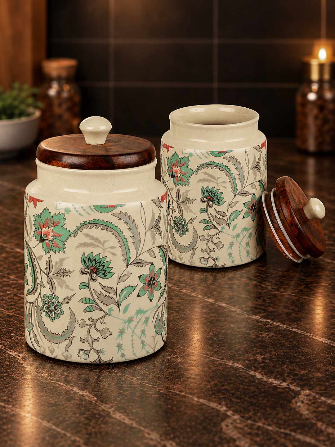 “Heritage Botanica Collection” Multi Utility Ceramic Airtight Jars with Sheesham Wooden Lid (Set of 2, 1000 ml)