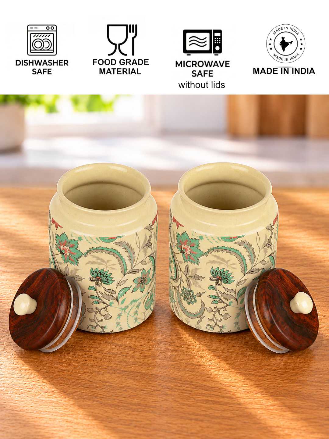 “Heritage Botanica Collection” Multi Utility Ceramic Airtight Jars with Sheesham Wooden Lid (Set of 2, 1000 ml)