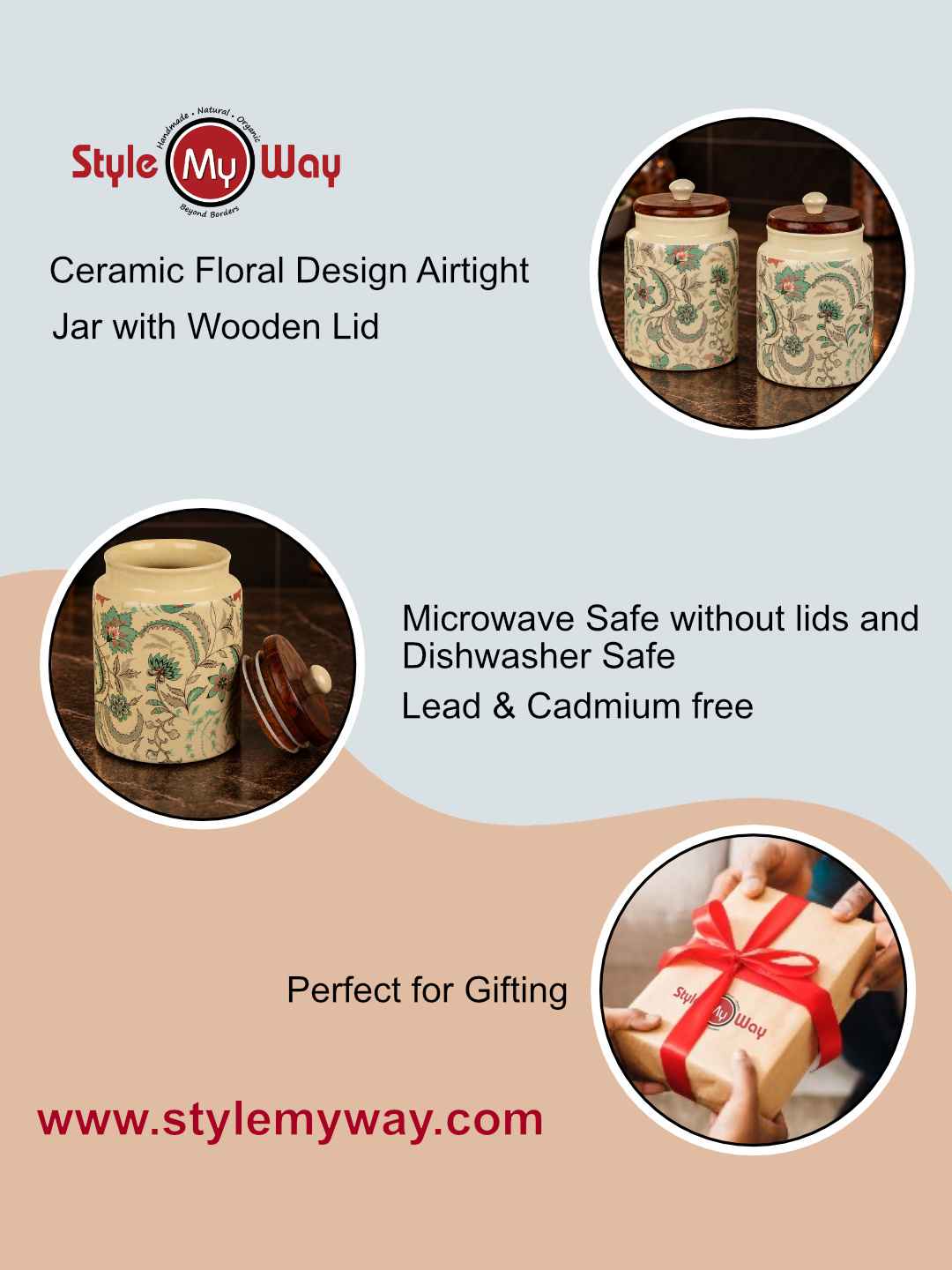 “Heritage Botanica Collection” Multi Utility Ceramic Airtight Jars with Sheesham Wooden Lid (Set of 2, 1000 ml)