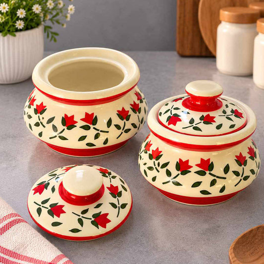 Ceramic Handi with Lid - Ivory - Red - Green  - 750 ml - Set of 2