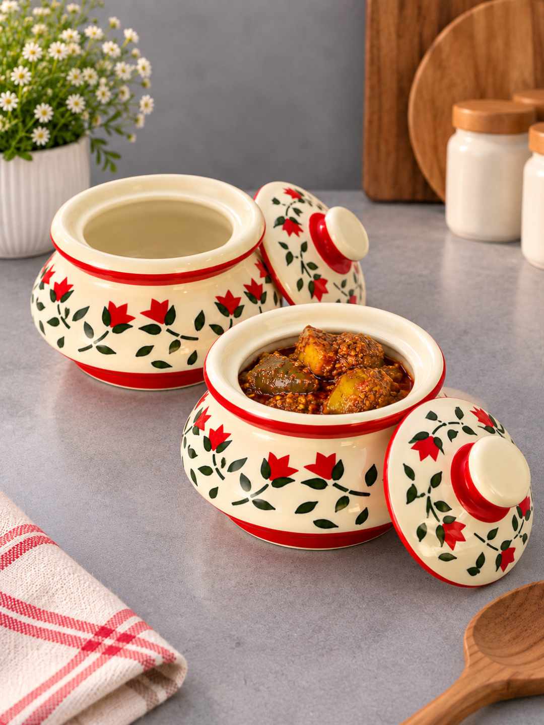 Ceramic Handi with Lid - Ivory - Red - Green  - 750 ml - Set of 2
