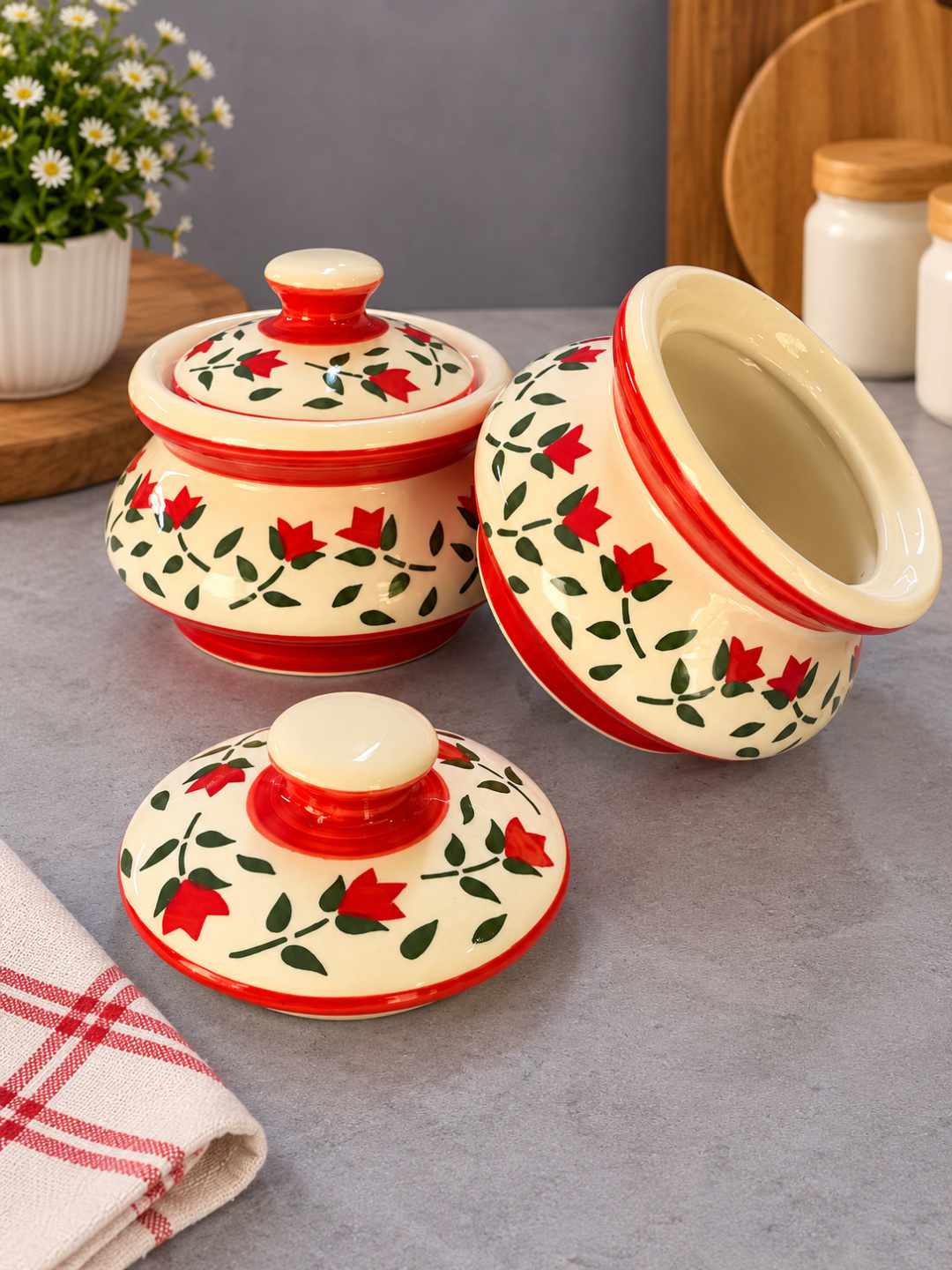 Ceramic Handi with Lid - Ivory - Red - Green  - 750 ml - Set of 2