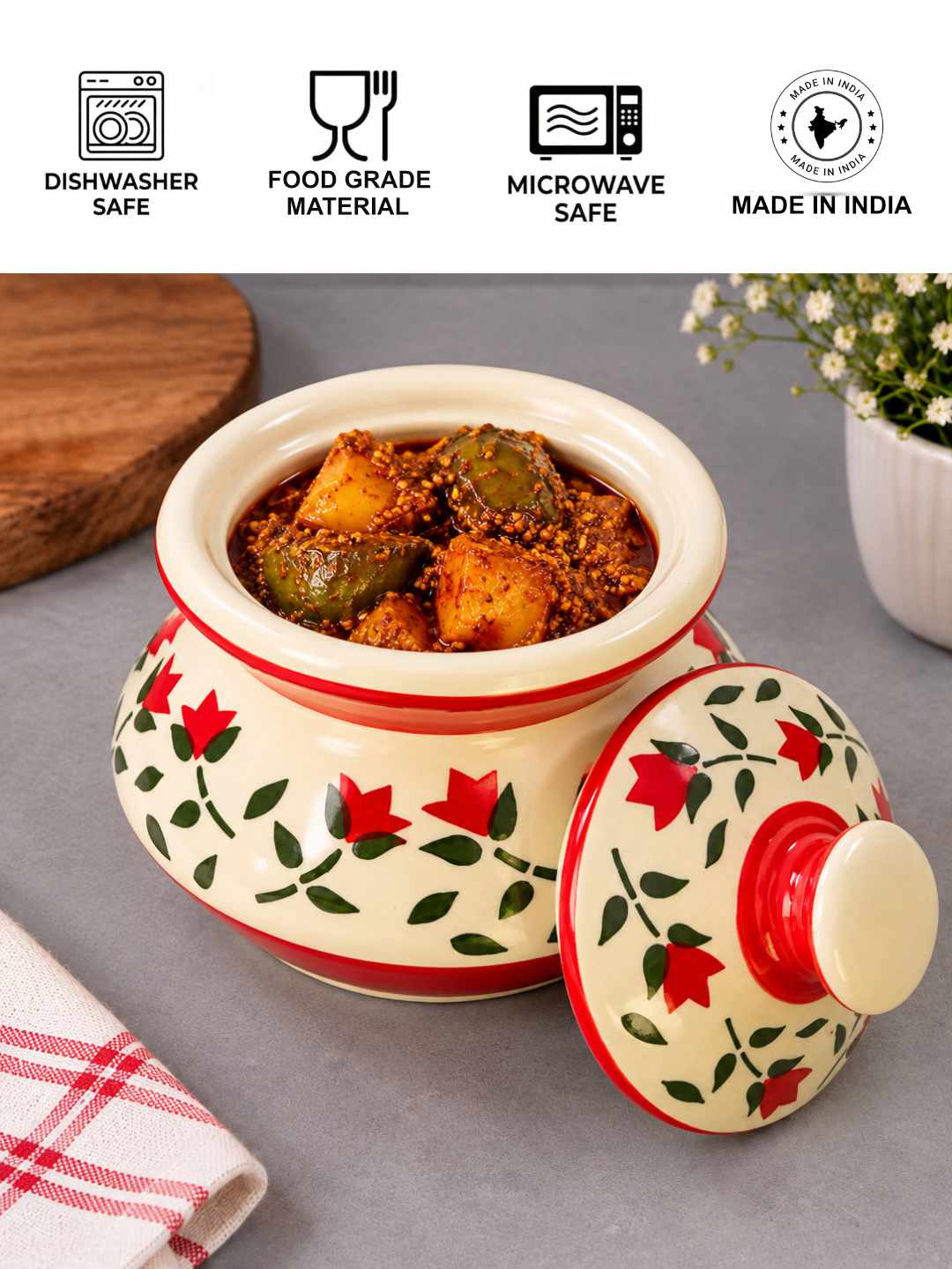 Ceramic Handi with Lid - Ivory - Red - Green  - 750 ml - Set of 2