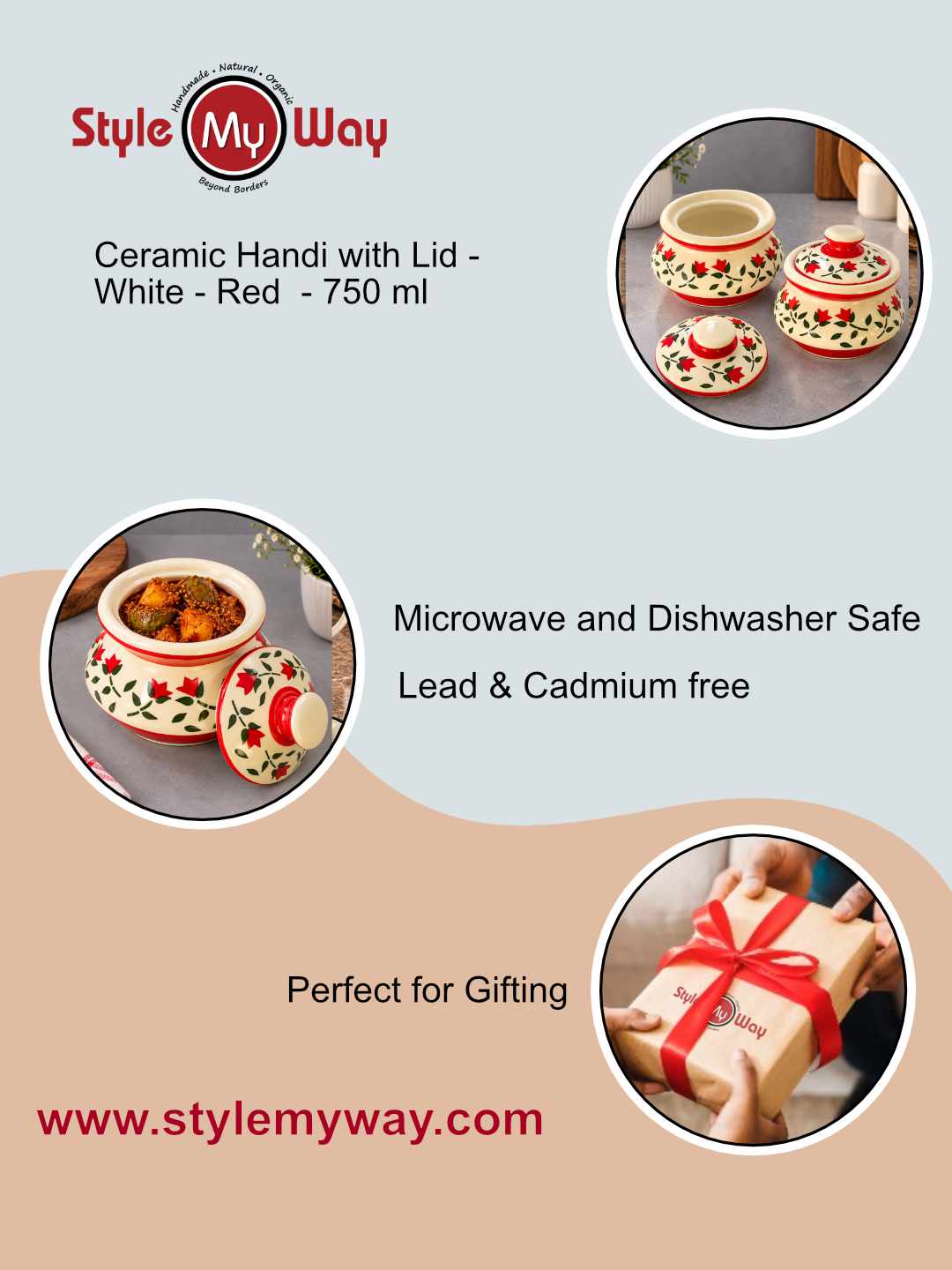 Ceramic Handi with Lid - Ivory - Red - Green  - 750 ml - Set of 2