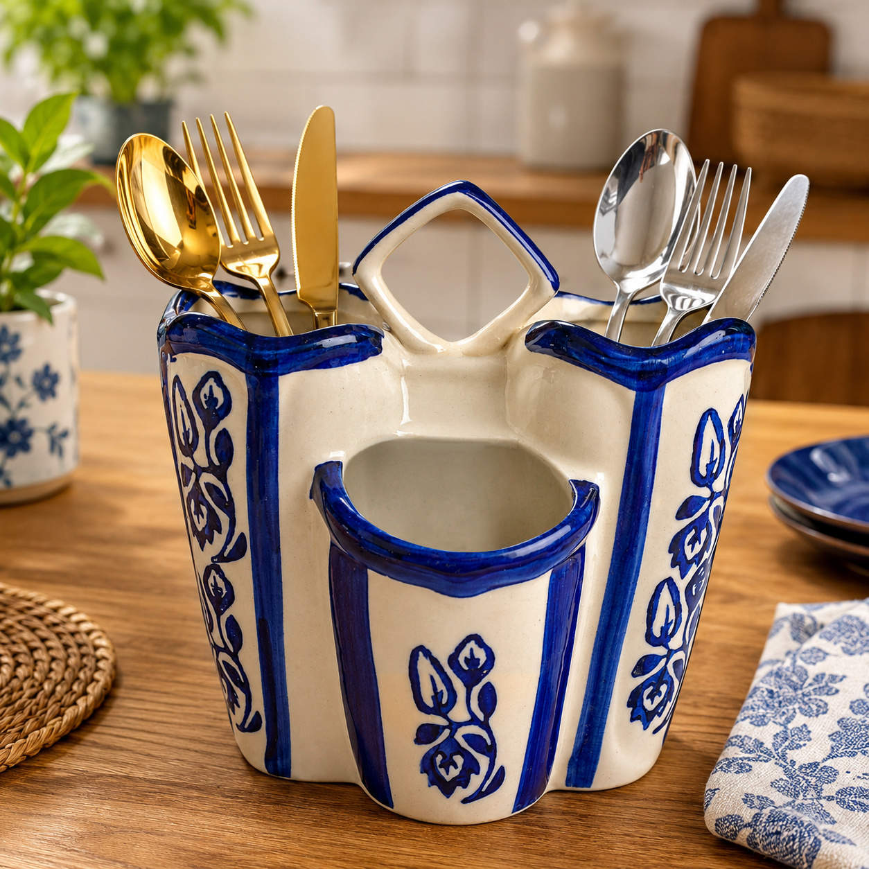 Handpainted Blue Ceramic Kitchen Cutlery Stand | Pen Stand | Spoon Holder | Toothbrush Stand
