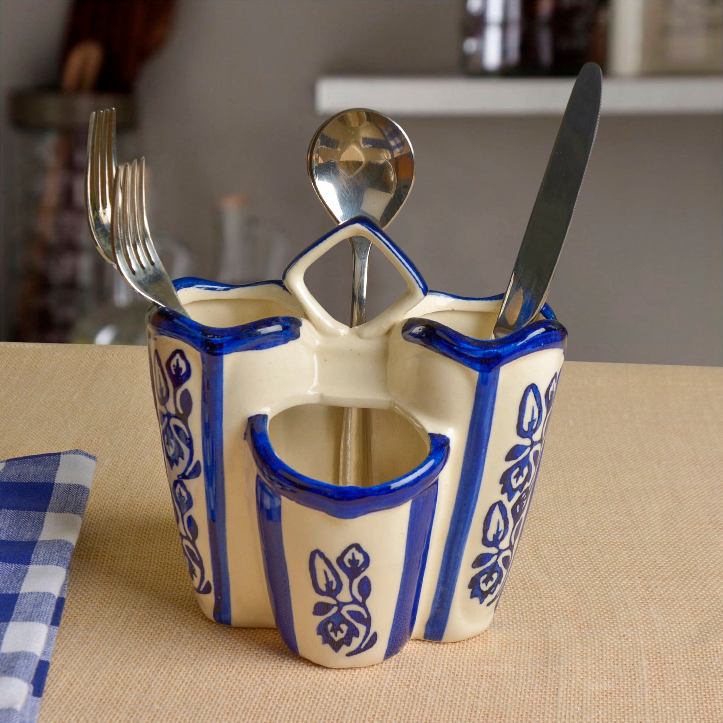 Handpainted Blue Ceramic Kitchen Cutlery Stand | Pen Stand | Spoon Holder | Toothbrush Stand