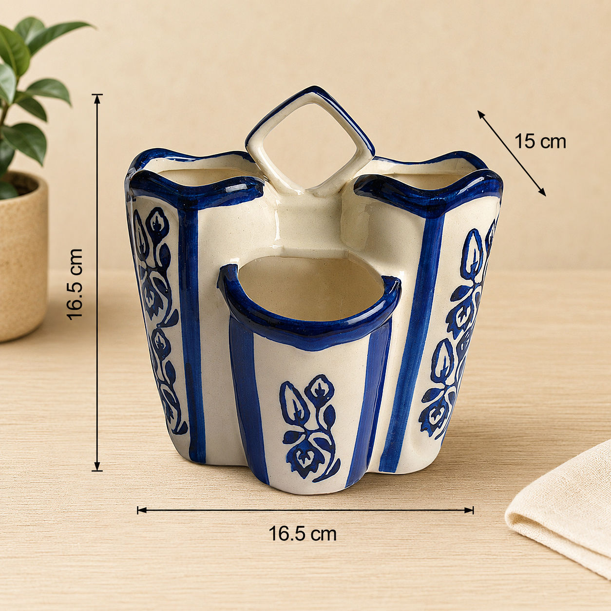 Handpainted Blue Ceramic Kitchen Cutlery Stand | Pen Stand | Spoon Holder | Toothbrush Stand