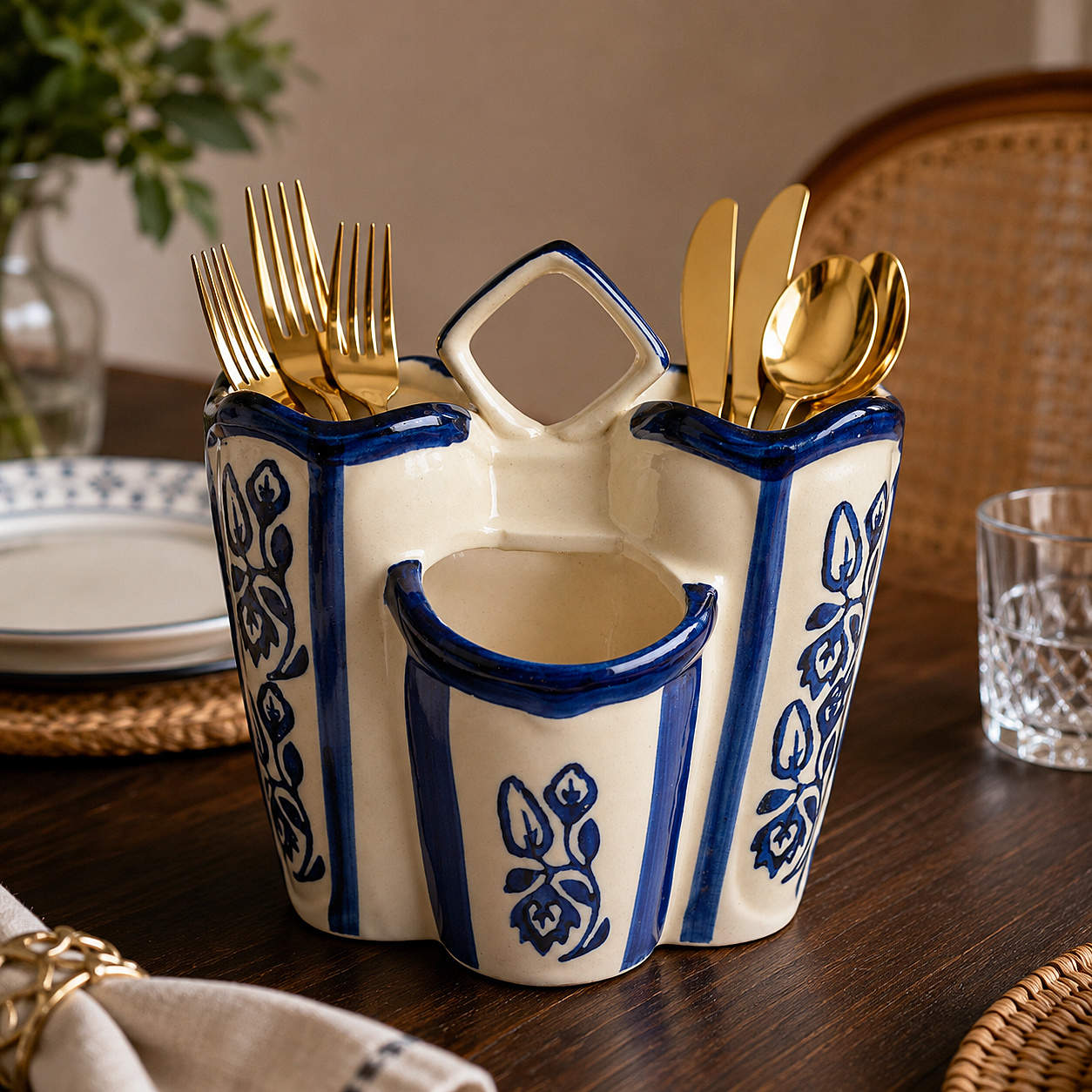 Handpainted Blue Ceramic Kitchen Cutlery Stand | Pen Stand | Spoon Holder | Toothbrush Stand