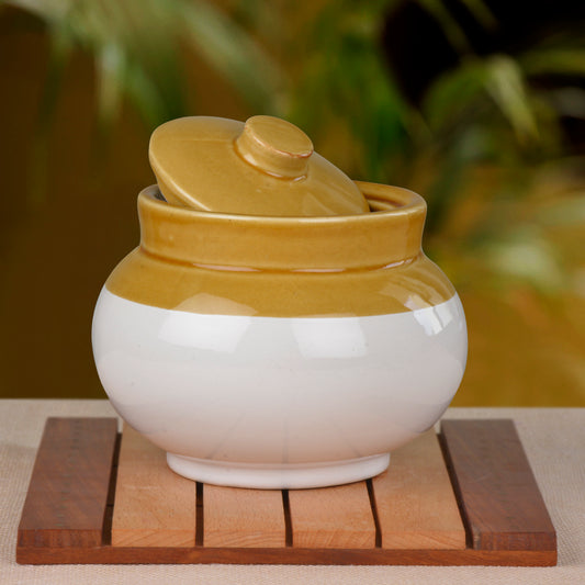 Hand Glazed Dual Tone Ceramic Round Jar (Burni) with Lid (1000 ml, Sand Yellow , Off White)