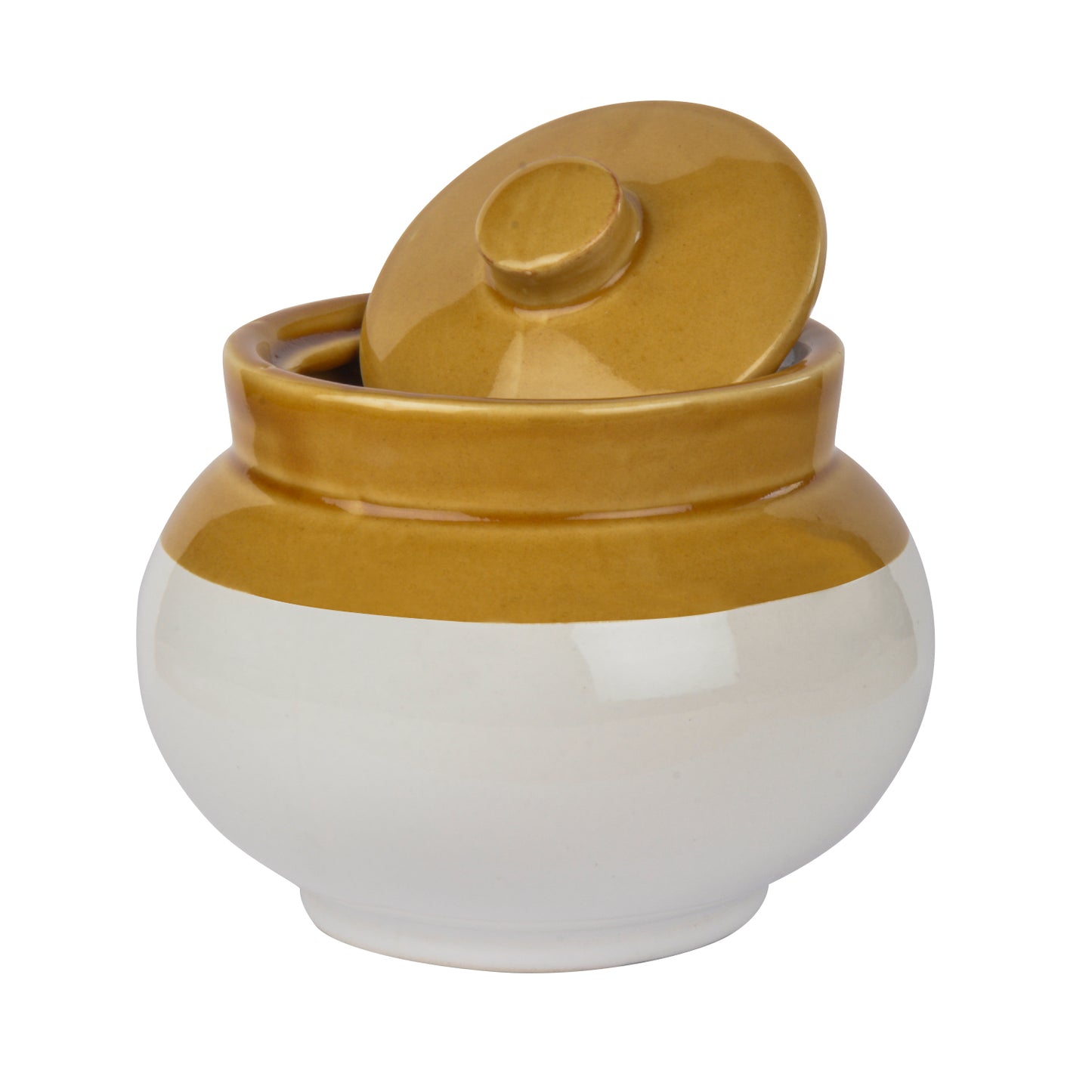 Hand Glazed Dual Tone Ceramic Round Jar (Burni) with Lid (1000 ml, Sand Yellow , Off White) - View 3