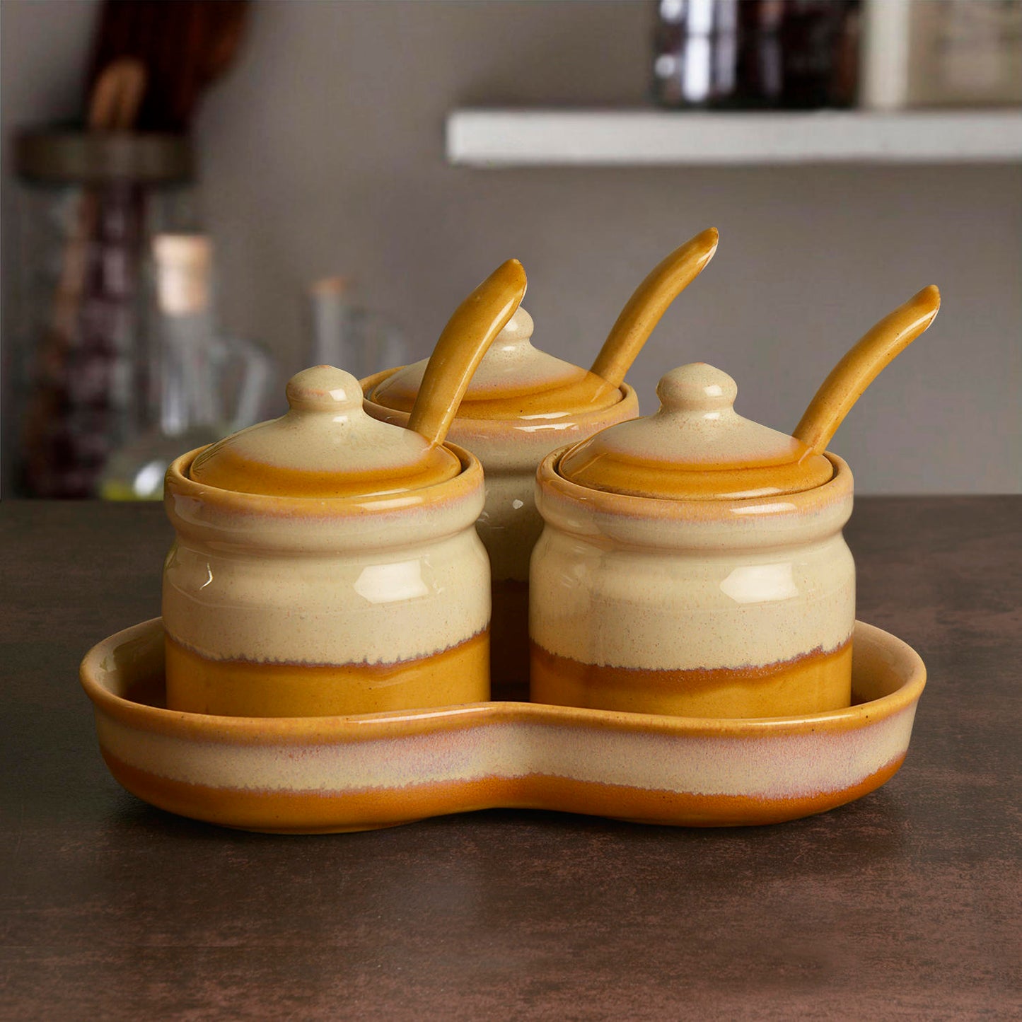 Studio Pottery Dual Tone Ceramic Pickle Serving Jar Set with Spoon and Tray (Set of 3, Beige and Sand Yellow)