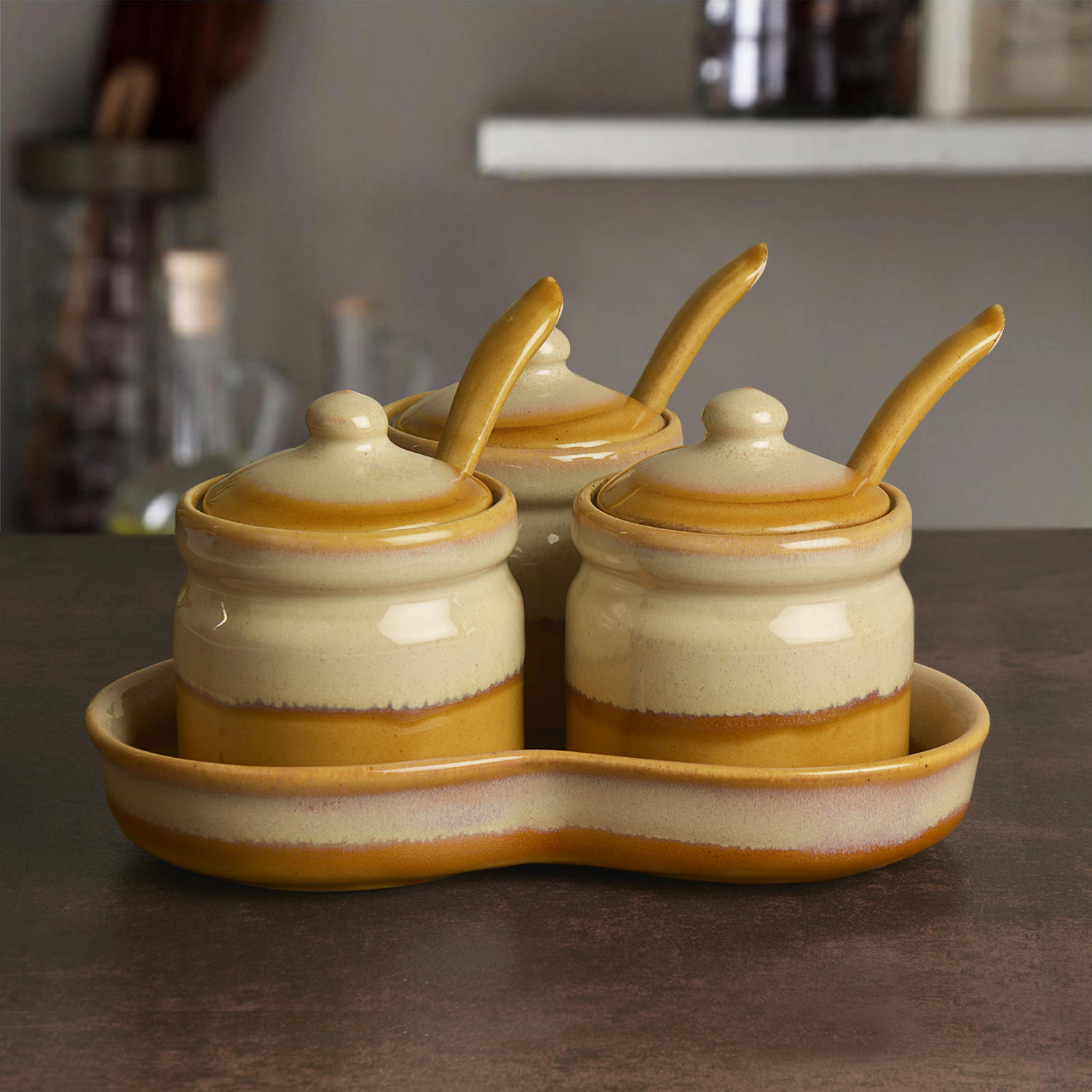 Studio Pottery Dual Tone Ceramic Pickle Serving Jar Set with Spoon and Tray (Set of 3, Beige and Sand Yellow)