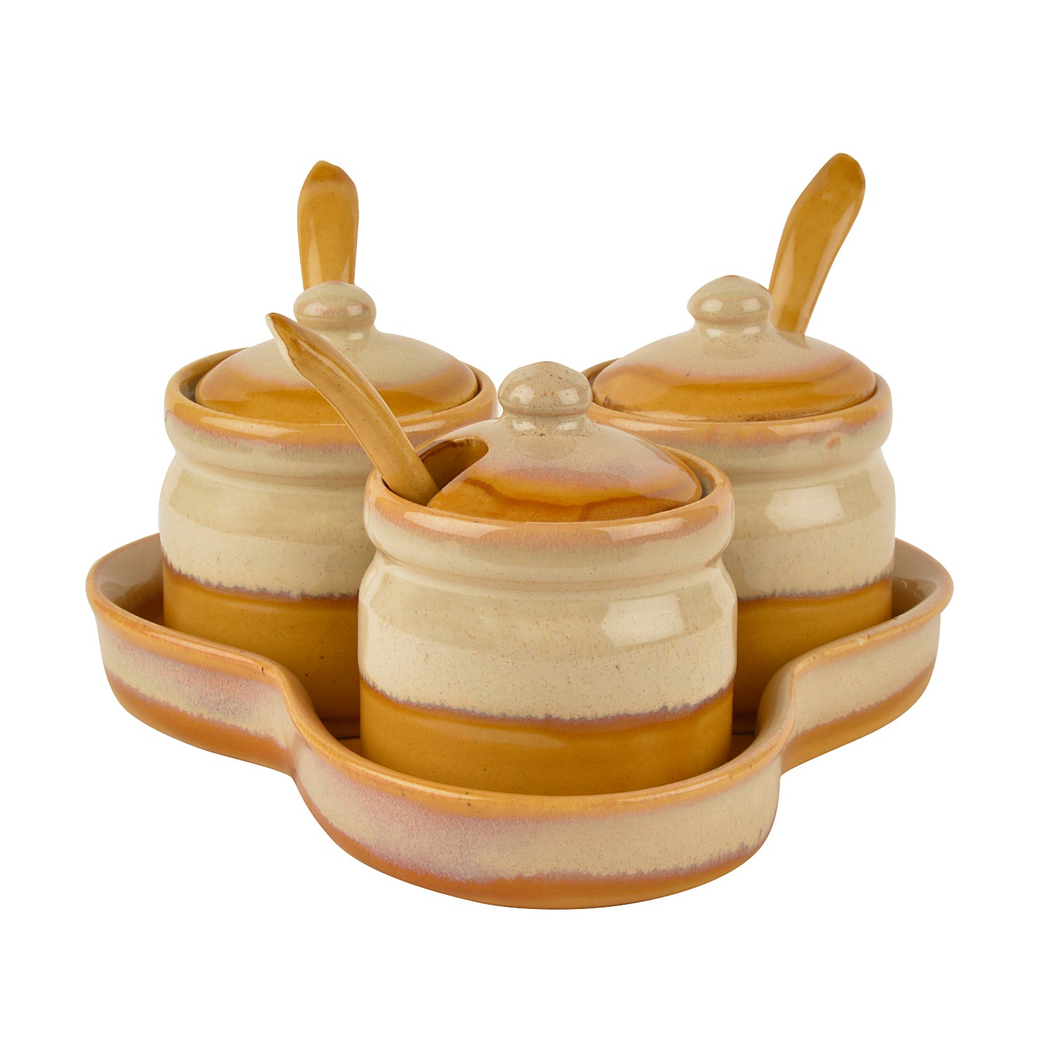 Studio Pottery Dual Tone Ceramic Pickle Serving Jar Set with Spoon and Tray (Set of 3, Beige and Sand Yellow) - View 2