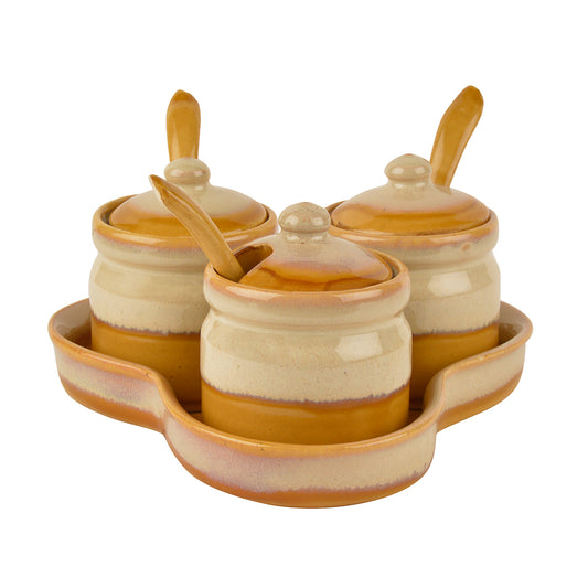 Studio Pottery Dual Tone Ceramic Pickle Serving Jar Set with Spoon and Tray (Set of 3, Beige and Sand Yellow) - View 2