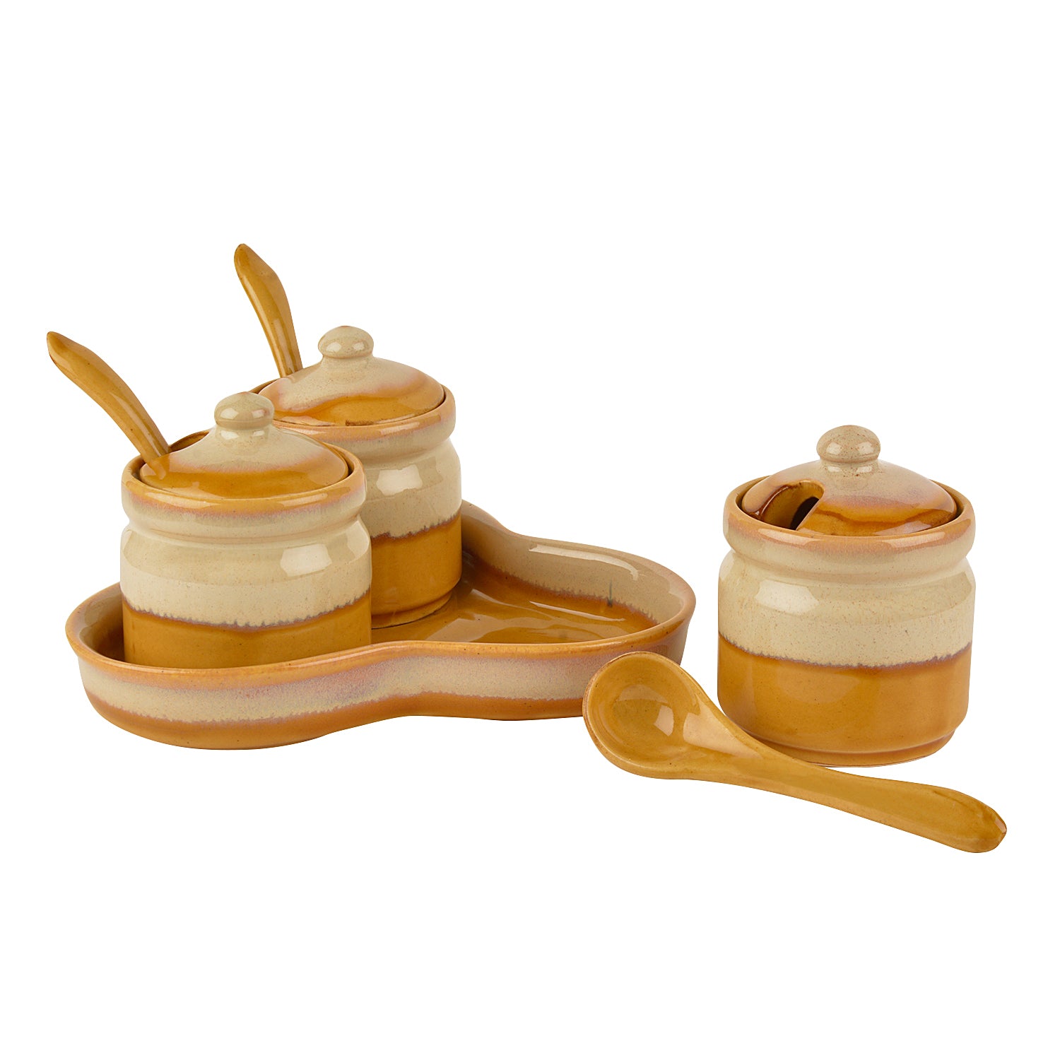 Studio Pottery Dual Tone Ceramic Pickle Serving Jar Set with Spoon and Tray (Set of 3, Beige and Sand Yellow) - View 3