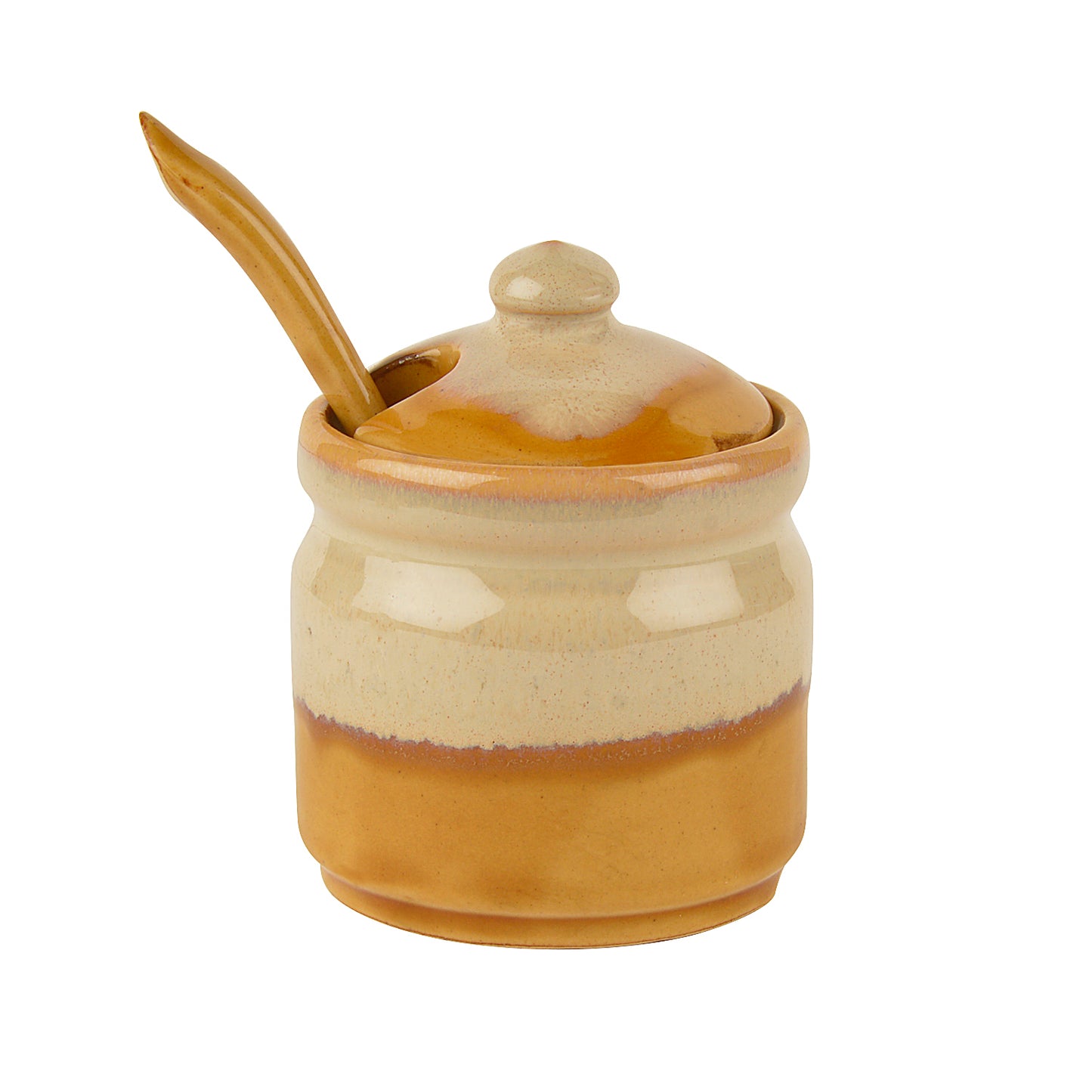 Studio Pottery Dual Tone Ceramic Pickle Serving Jar Set with Spoon and Tray (Set of 3, Beige and Sand Yellow) - View 4