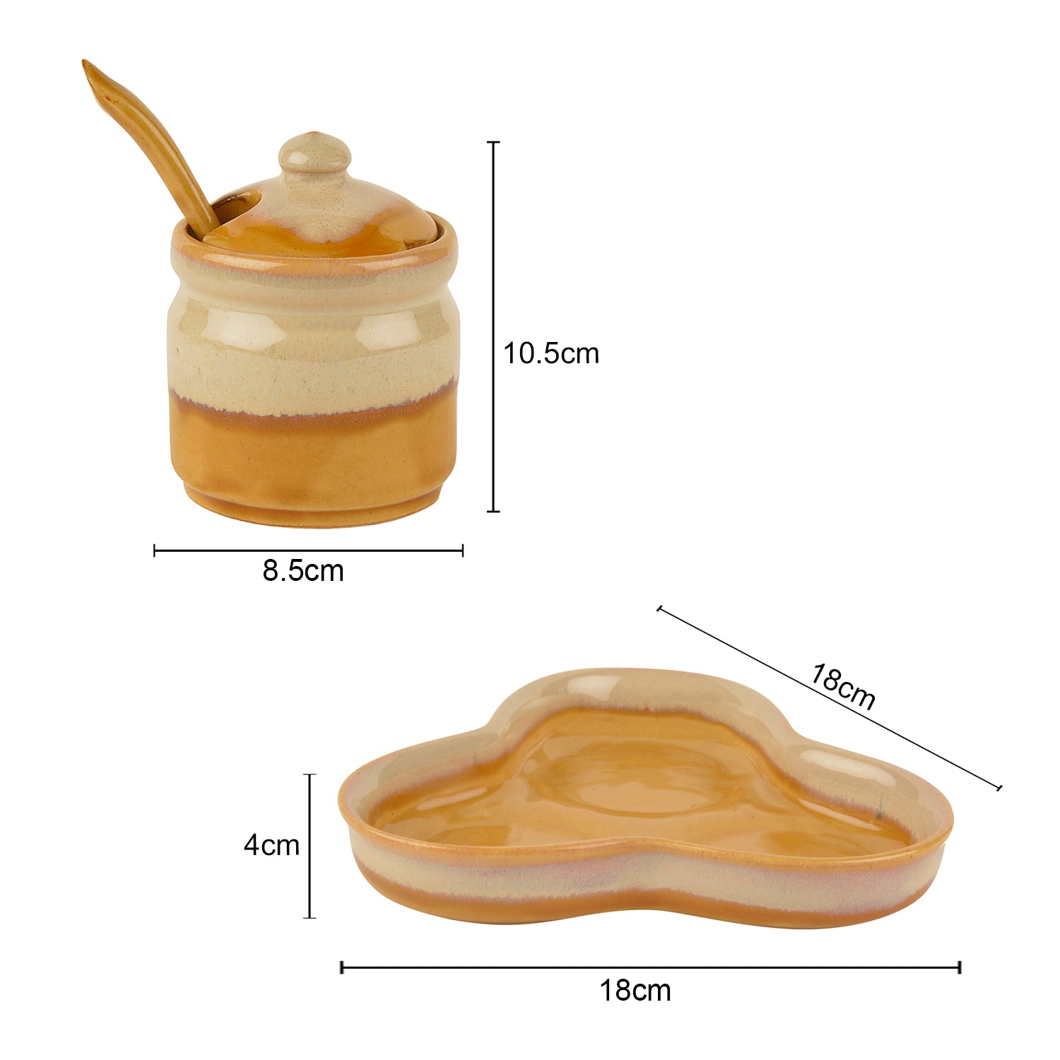 Studio Pottery Dual Tone Ceramic Pickle Serving Jar Set with Spoon and Tray (Set of 3, Beige and Sand Yellow) - View 5