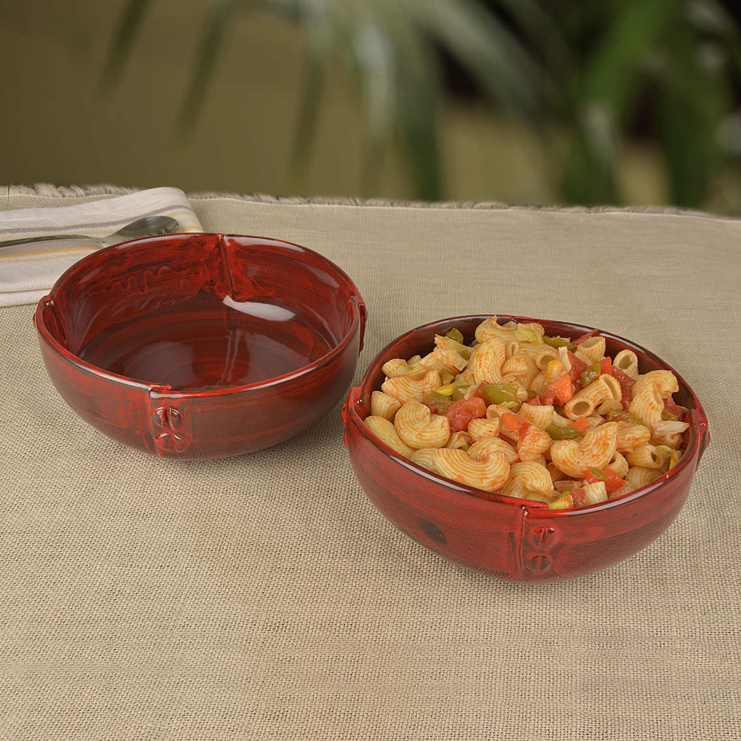 Studio Pottery Hand Glazed Ceramic Serving Bowls (800 ml each, Set of 2, Crimson Red)
