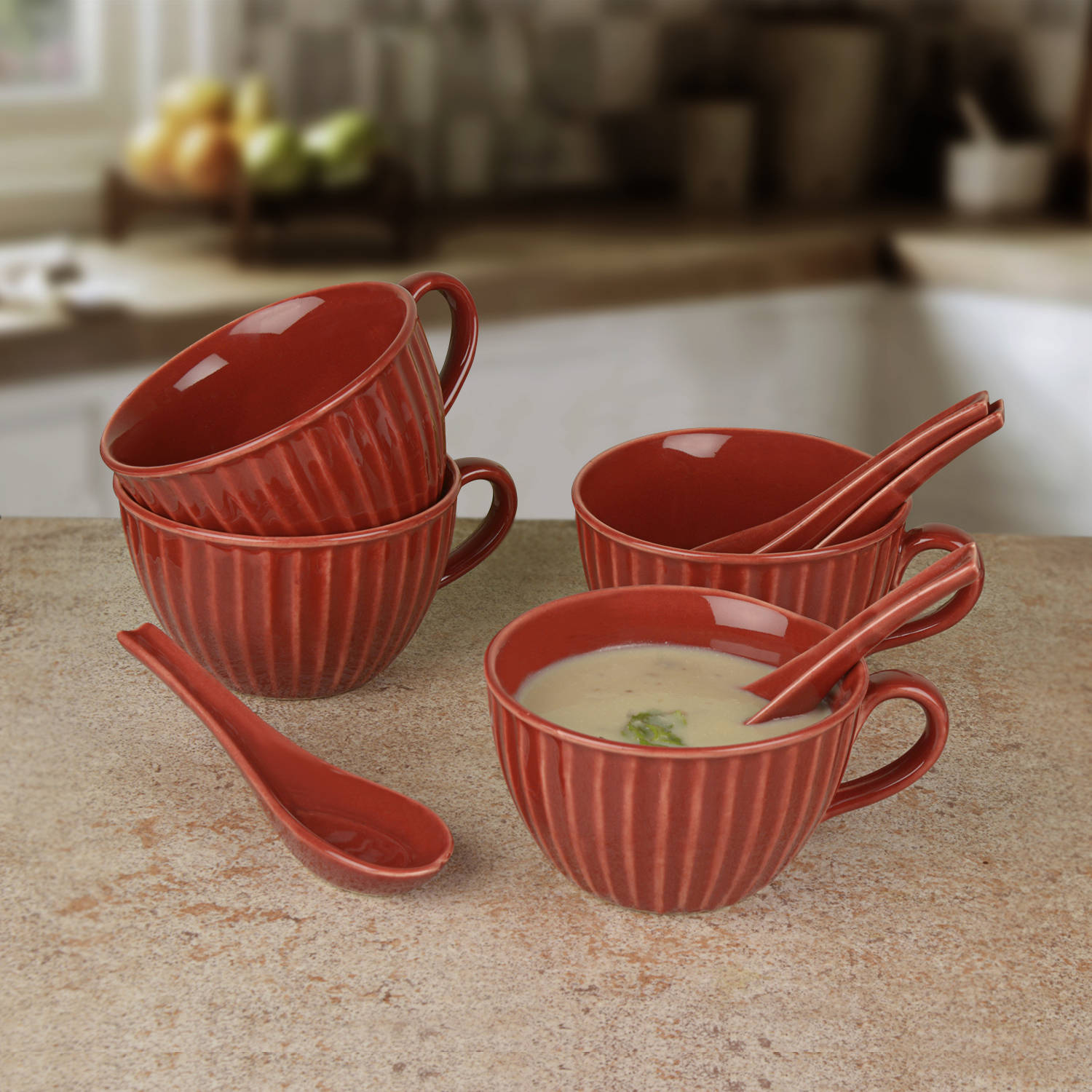 Studio Pottery Hand Glazed Ceramic Soup Cup with Spoon (350 ml each, Set of 4, Cherry Red)