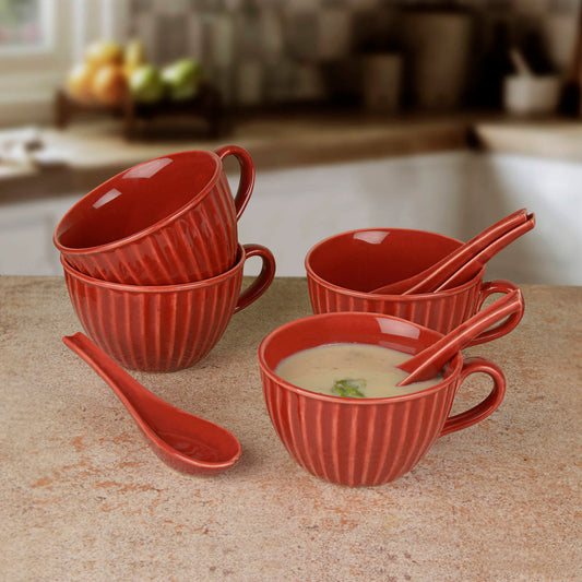 Studio Pottery Hand Glazed Ceramic Soup Cup with Spoon (350 ml each, Set of 4, Cherry Red)
