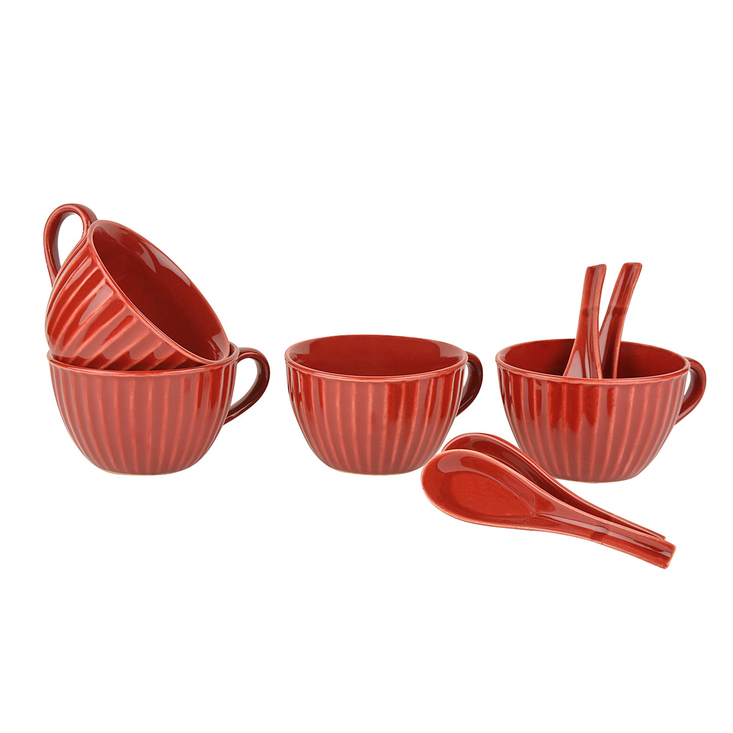 Studio Pottery Hand Glazed Ceramic Soup Cup with Spoon (350 ml each, Set of 4, Cherry Red) - View 2