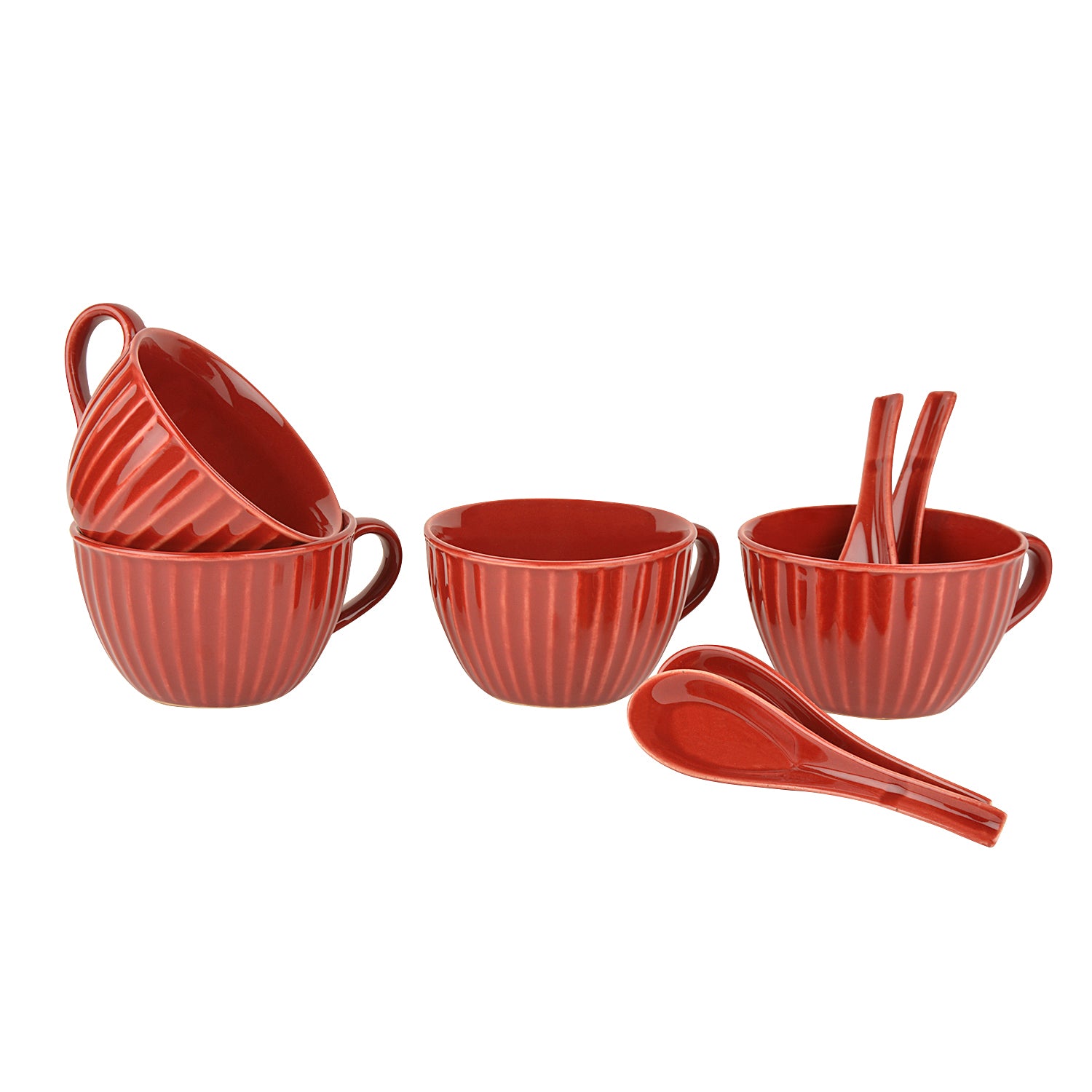 Studio Pottery Hand Glazed Ceramic Soup Cup with Spoon (350 ml each, Set of 4, Cherry Red) - View 2