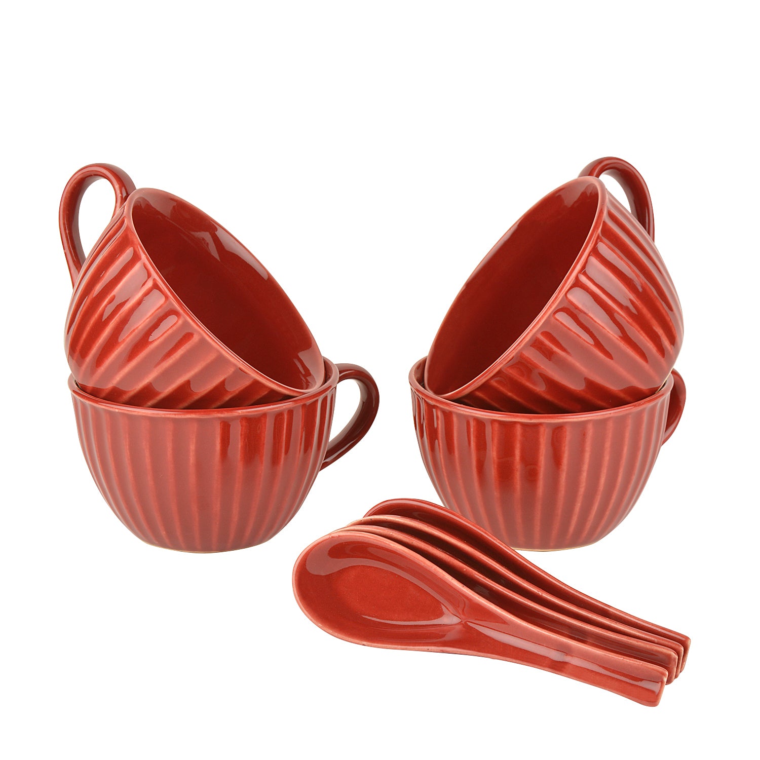 Studio Pottery Hand Glazed Ceramic Soup Cup with Spoon (350 ml each, Set of 4, Cherry Red) - View 3