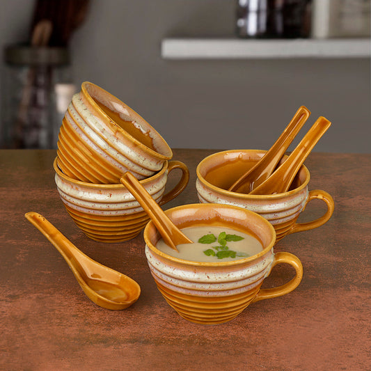 Studio Pottery Hand Glazed Dual Tone Ceramic Soup Cup with Spoon (350 ml each, Set of 4, Sand yellow and Off White)