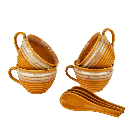 Studio Pottery Hand Glazed Dual Tone Ceramic Soup Cup with Spoon (350 ml each, Set of 4, Sand yellow and Off White) - View 2