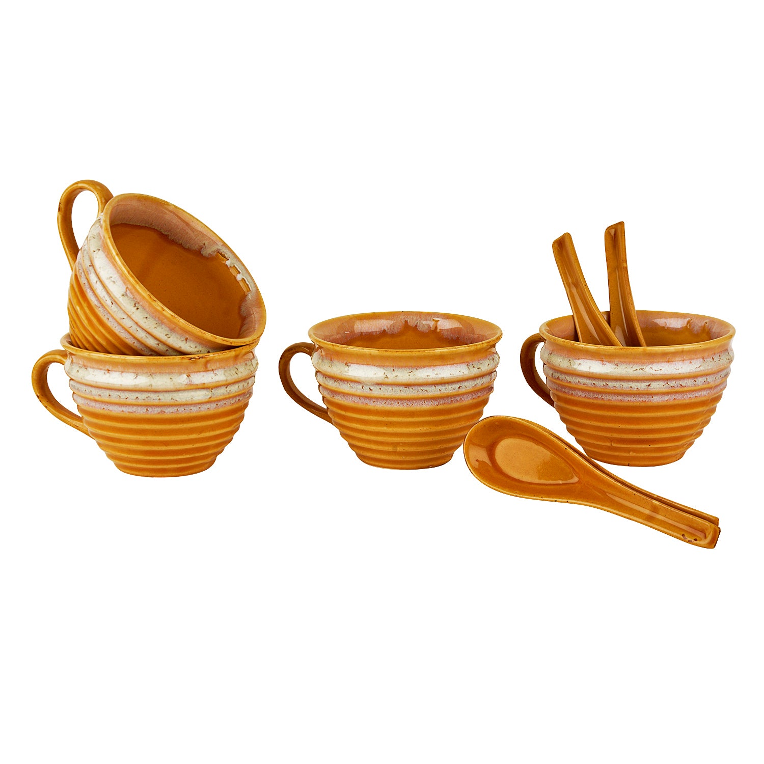 Studio Pottery Hand Glazed Dual Tone Ceramic Soup Cup with Spoon (350 ml each, Set of 4, Sand yellow and Off White) - View 3