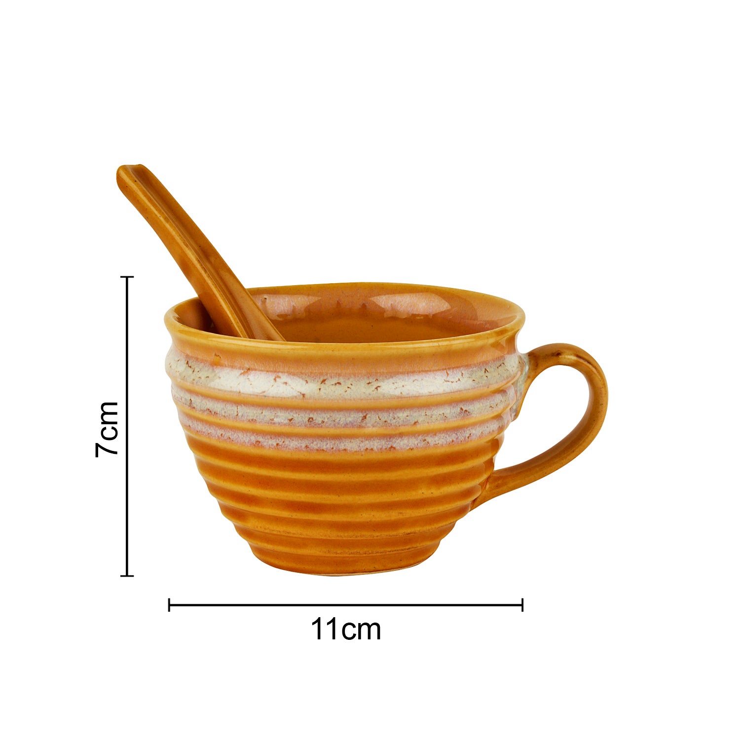 Studio Pottery Hand Glazed Dual Tone Ceramic Soup Cup with Spoon (350 ml each, Set of 4, Sand yellow and Off White) - View 4