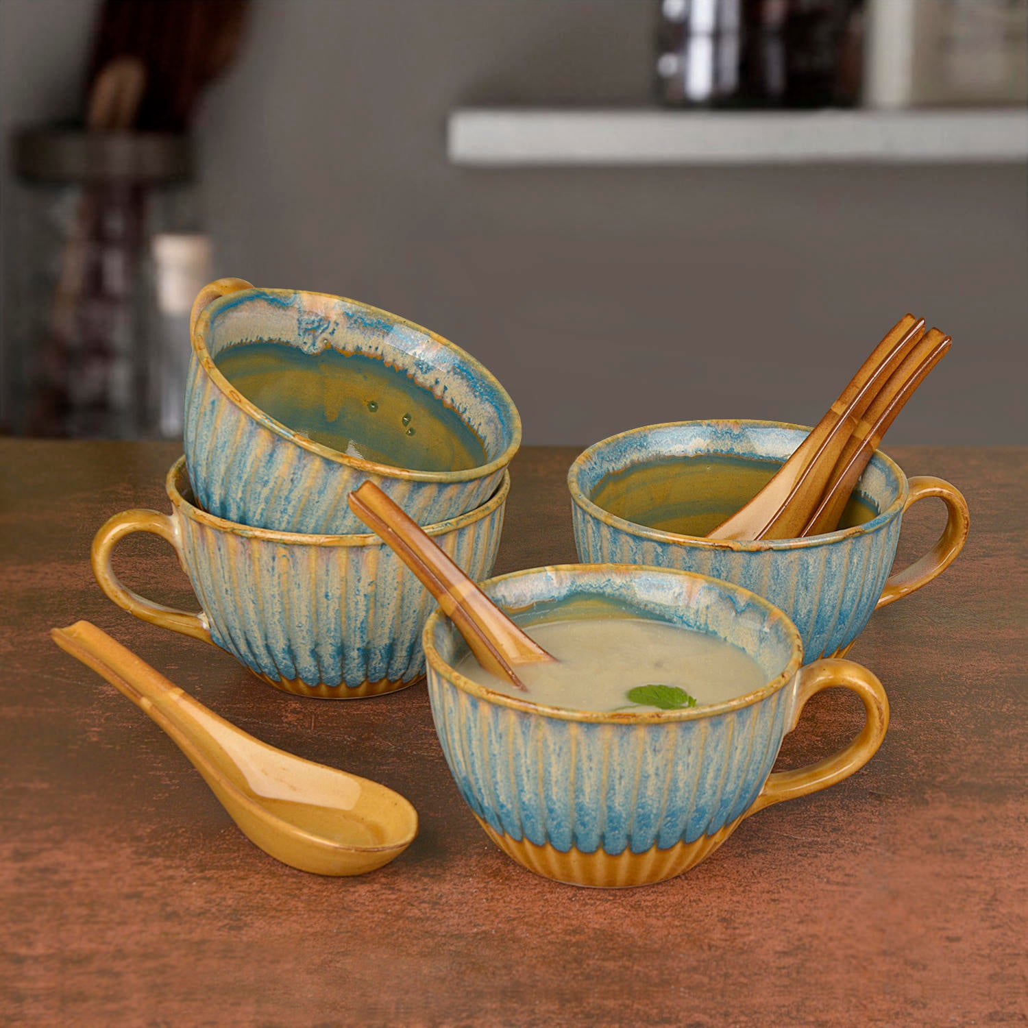 Studio Pottery Hand Glazed Dual Tone Ceramic Soup Cup with Spoon (300 ml each, Set of 4, Teal and Sand yellow )