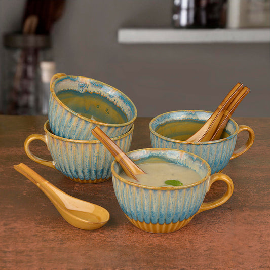 Studio Pottery Hand Glazed Dual Tone Ceramic Soup Cup with Spoon (300 ml each, Set of 4, Teal and Sand yellow )