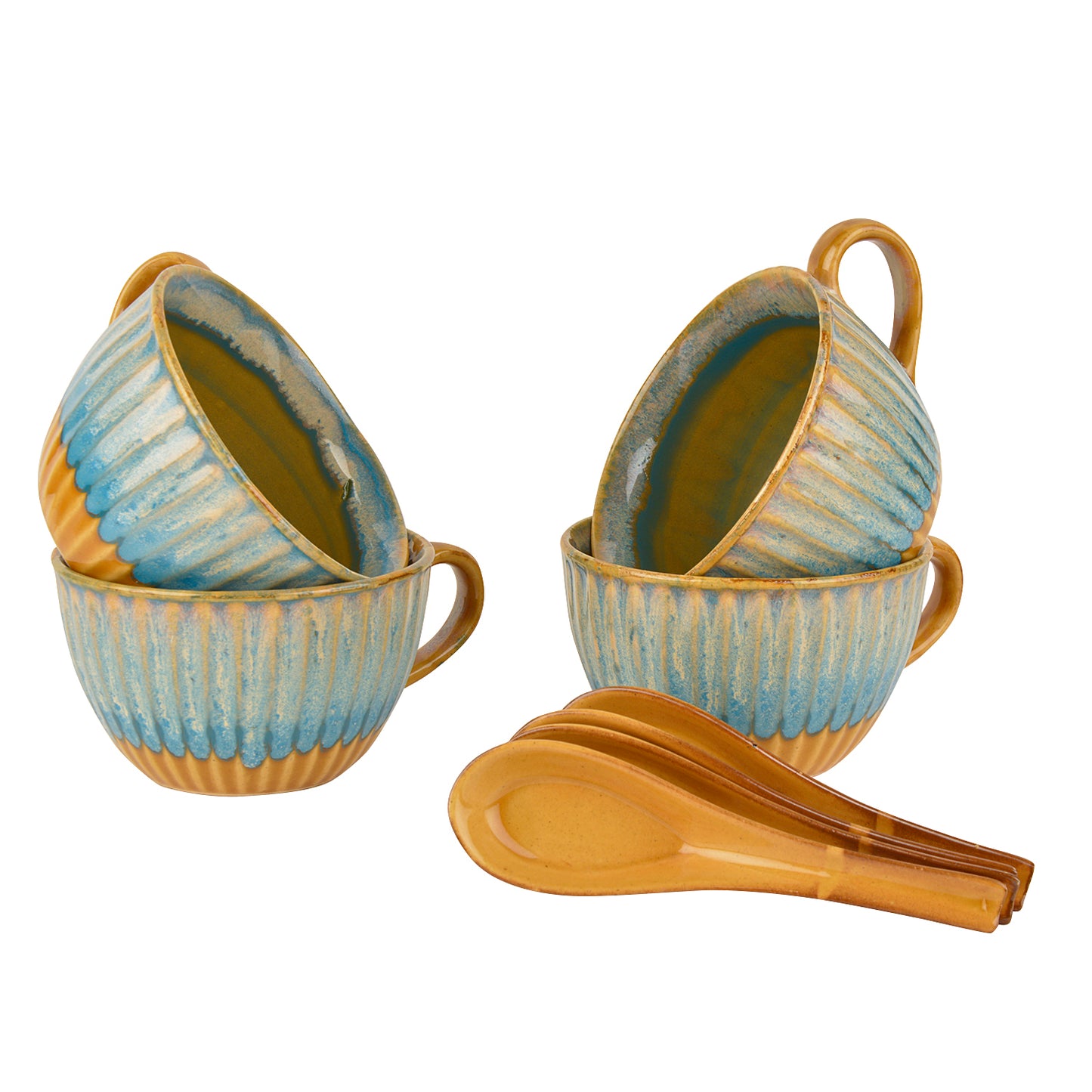 Studio Pottery Hand Glazed Dual Tone Ceramic Soup Cup with Spoon (300 ml each, Set of 4, Teal and Sand yellow ) - View 2